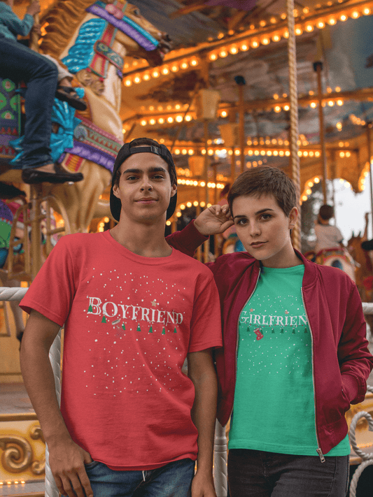 Boyfriend and Girlfriend Shirts - Christmas Decor under Snowfall - heather red and green