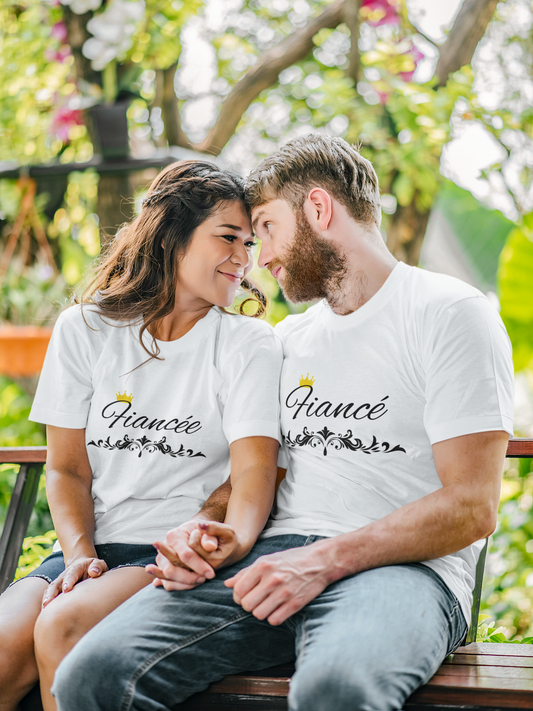 Matching Fiancée and Fiancé T-Shirts - Crowned Hand-Written Typography