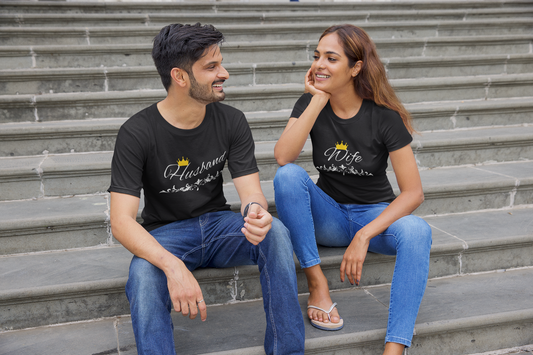 Matching Wife and Husband T-Shirts - Crowned Hand-Written Typography