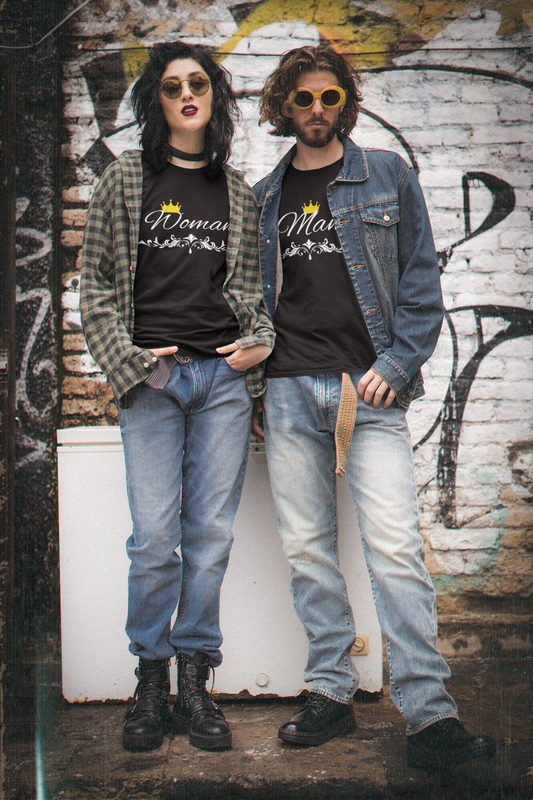 Matching Woman and Man T-Shirts - Crowned Hand-Written Typography
