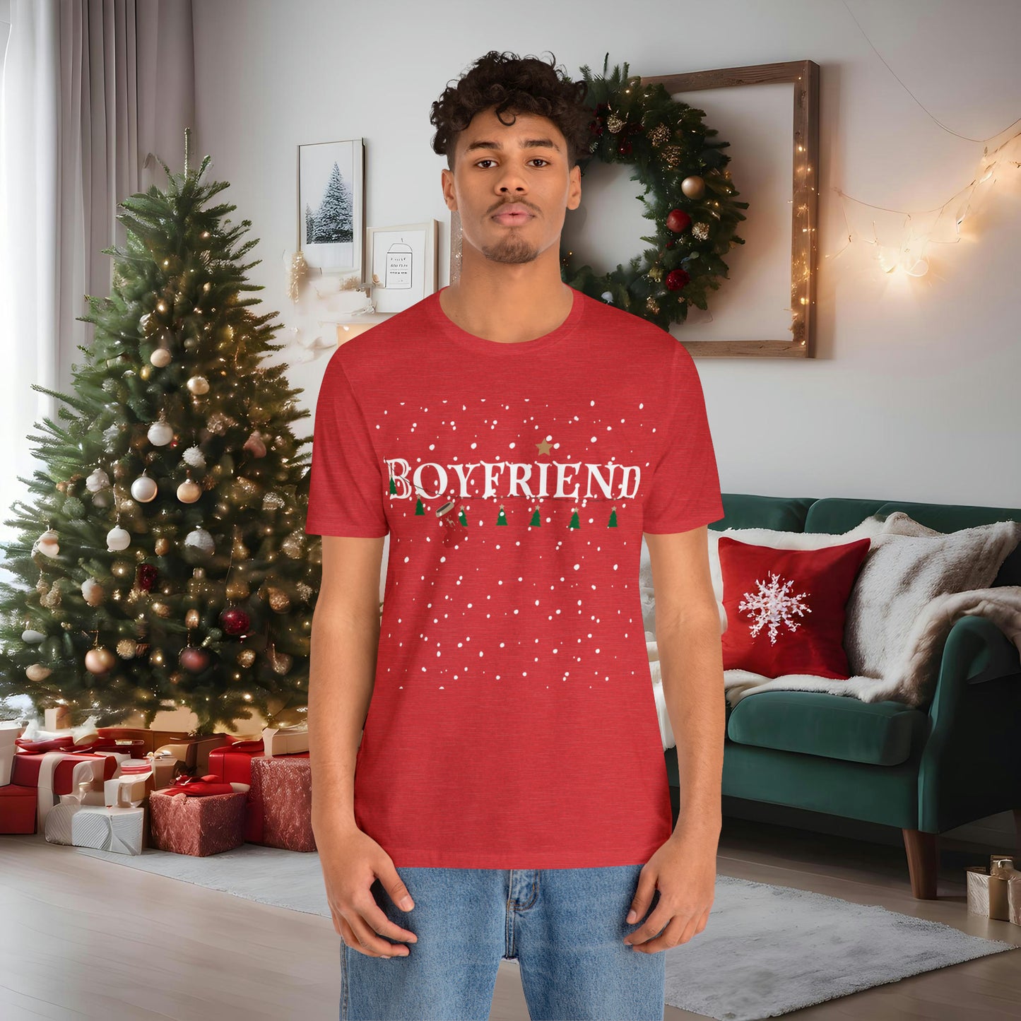 Boyfriend shirt - Christmas decor under snowfall - heather red