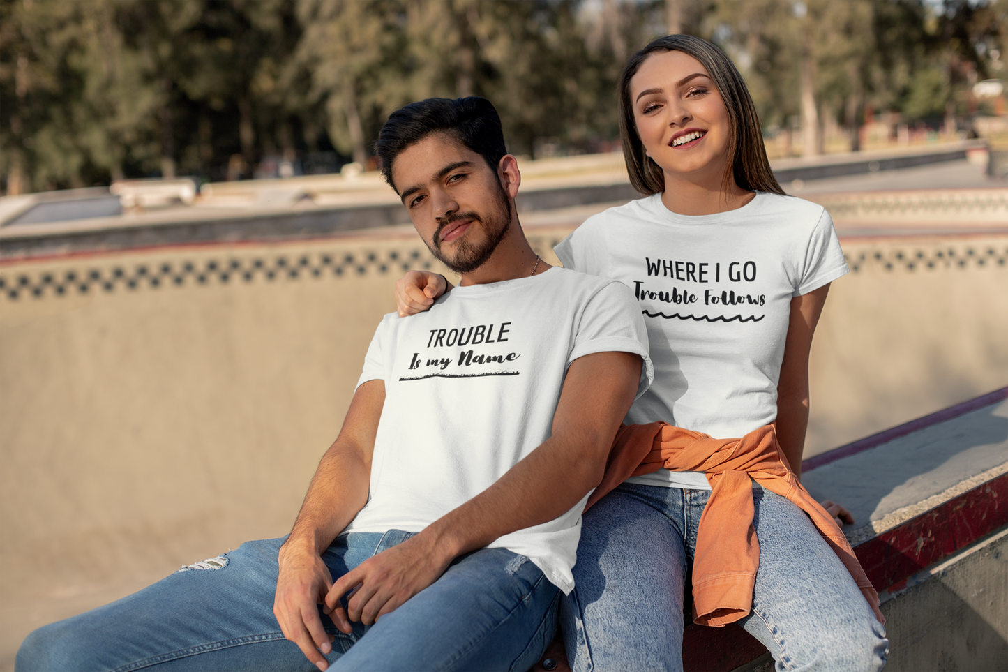 Where I Go Trouble Follows, Trouble Is My Name (Underlined) Matching Couple T-Shirts